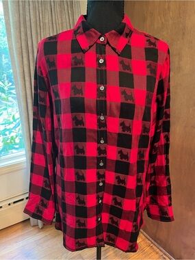 Talbots Red and Black Buffalo Plaid Button-Down with Scotty Dog Motif